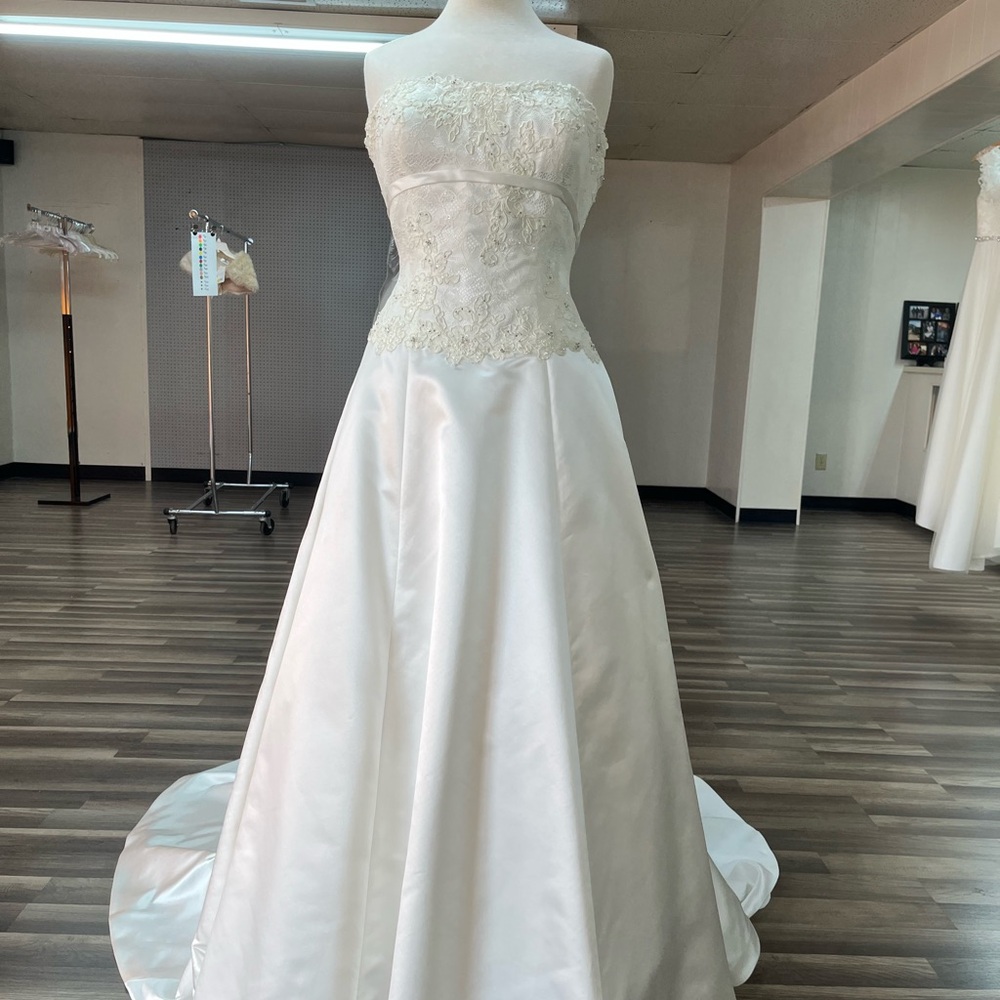 Strapless Ivory Lace Bodice Satin A-Line Wedding Dress